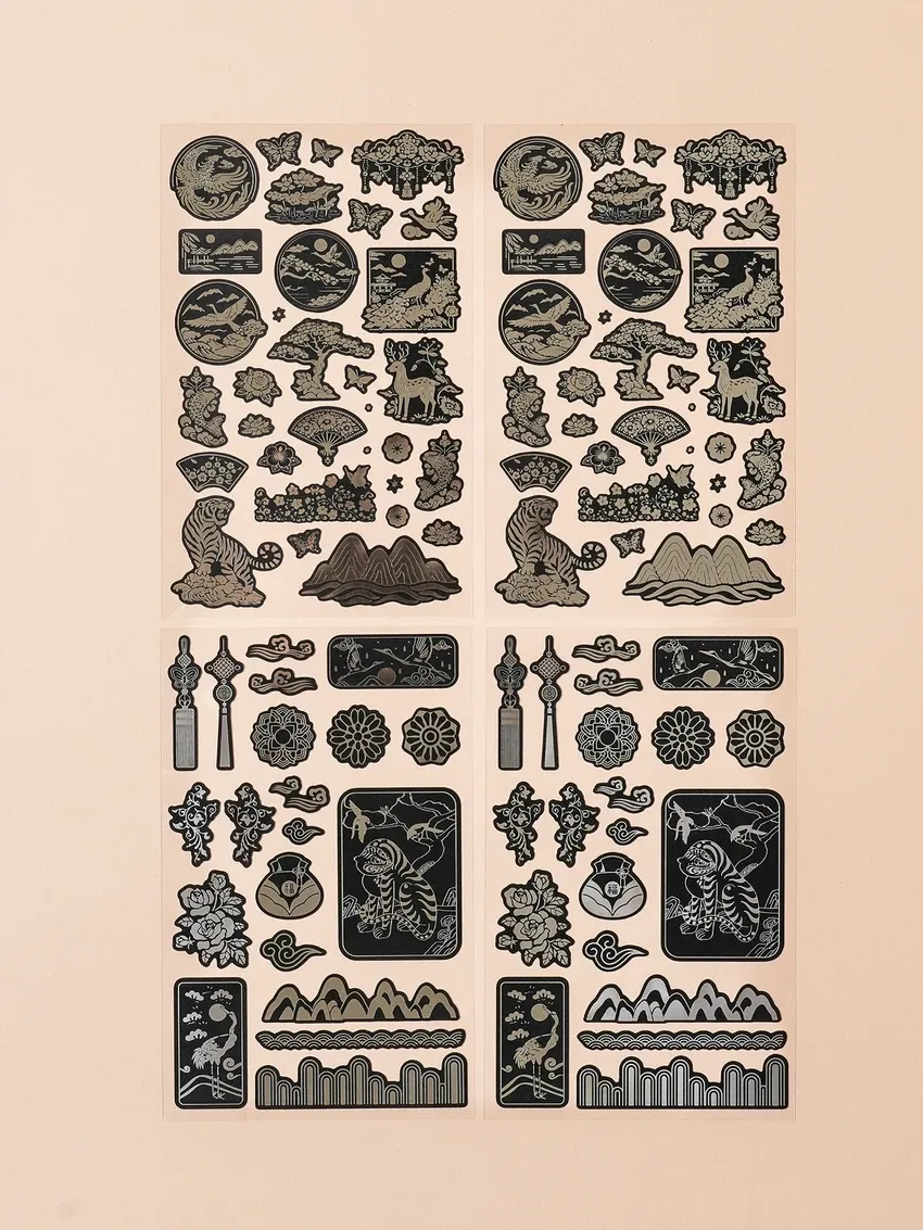 Stickers Tradicionales Coreanos con Foil Plateado DAISO, 4 hojas