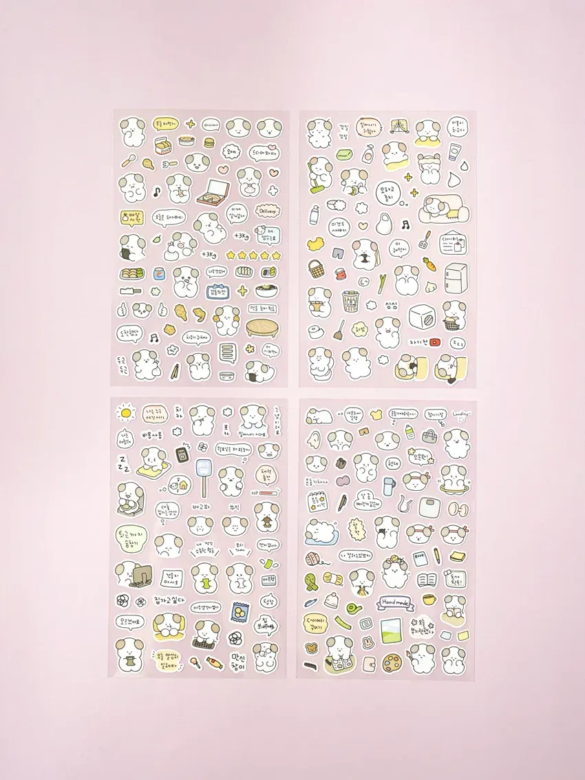 Stickers Perrito Donggeuri DAISO, 4 hojas