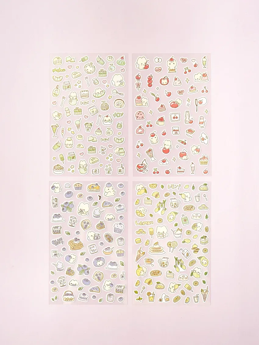 Stickers Gatito y Frutas DAISO, 4 hojas