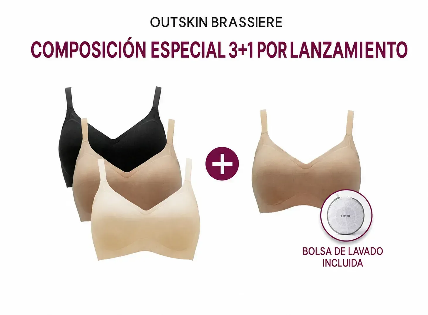 Set de 4 brasieres OUTSKIN Celluquette de material derivado de la madera con bolsa de lavado