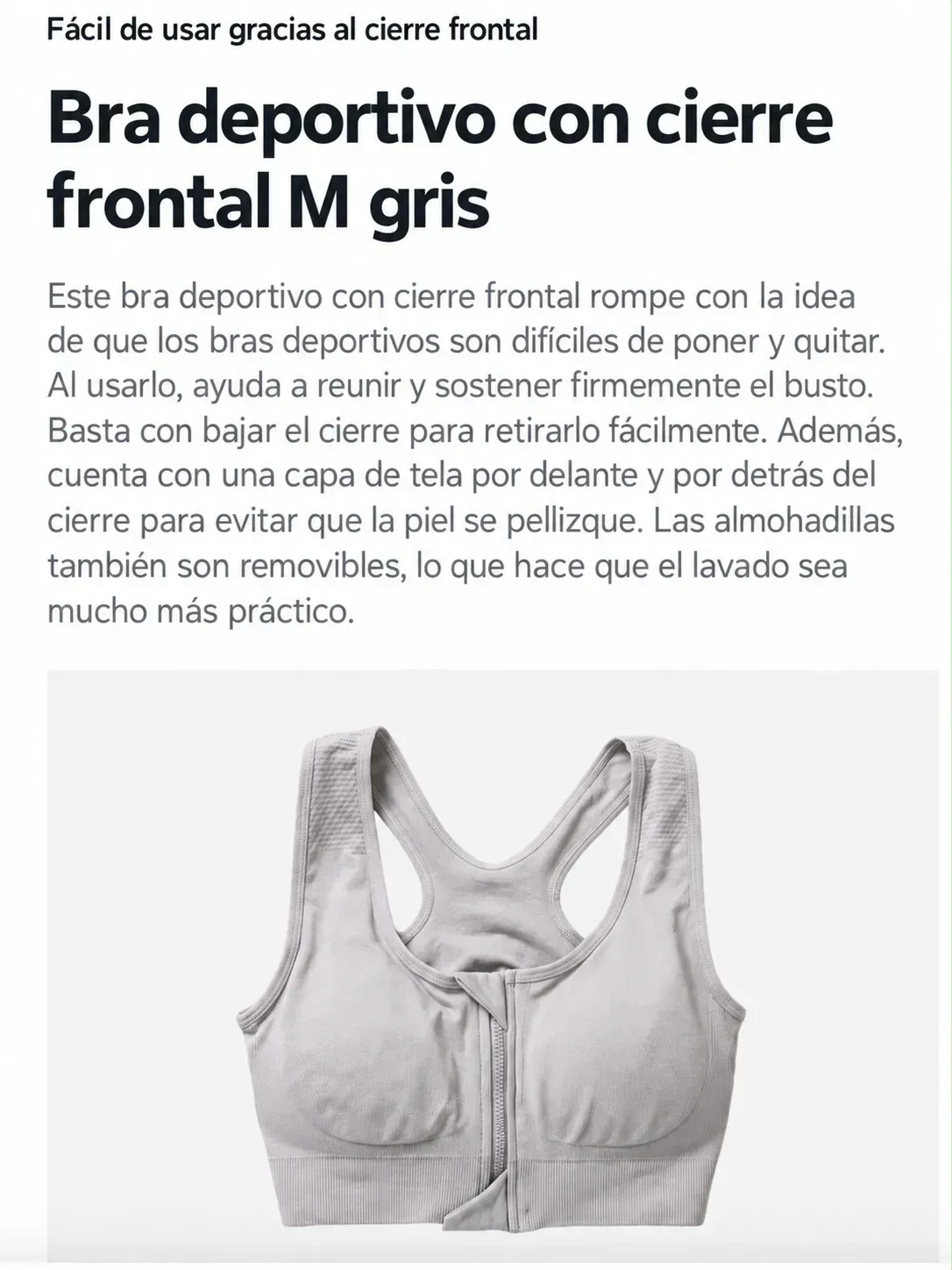 Sujetador Deportivo con Cierre Frontal – Gris DAISO
