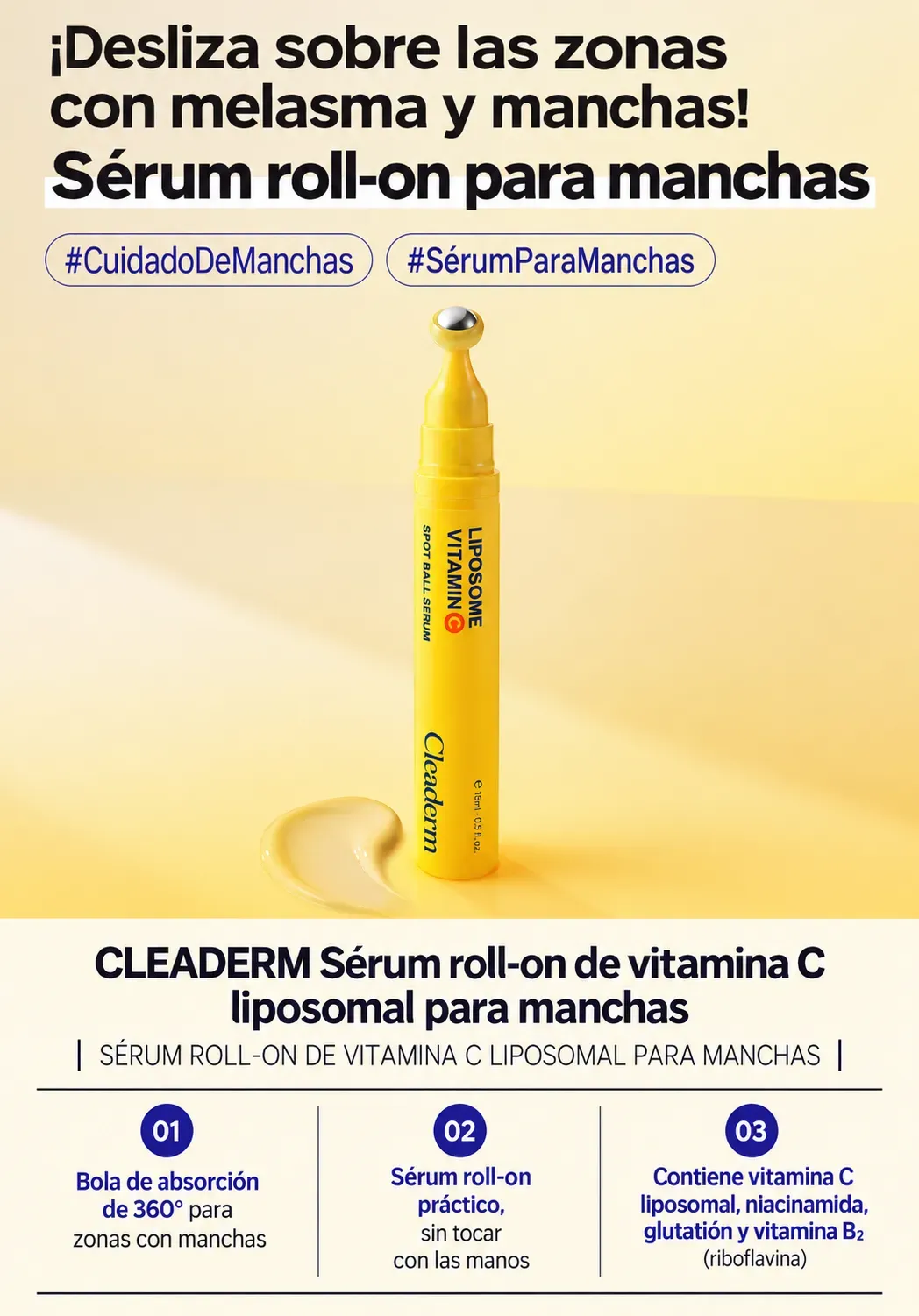 CLEADERM Sérum con aplicador de bola de vitamina C liposomal para manchas, 15 ml.
